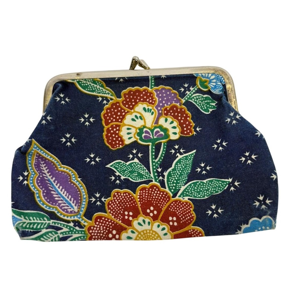 Vintage Batik Floral Coin Purse Kiss Lock Navy Blue Red Yellow Small Pouch